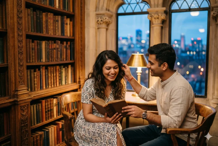 Couple sitting in library discussing Pre-Wedding Shoot Ideas