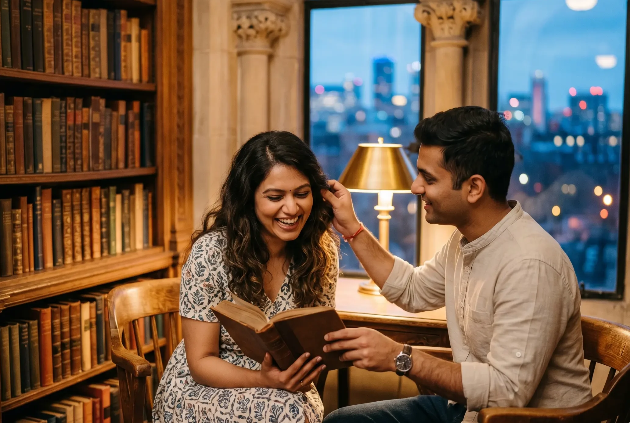 Couple sitting in library discussing
